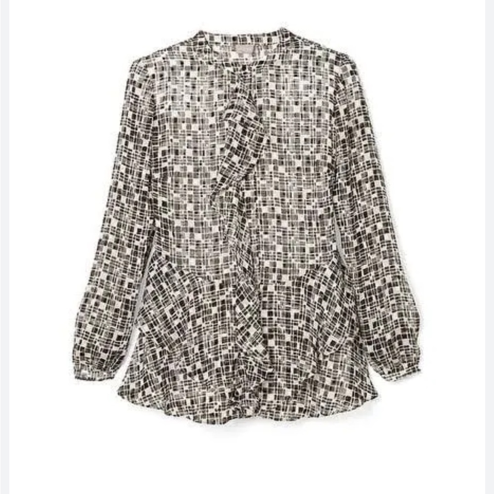 Chico's Sheer Ruffle Top Women's 3 16/18 Black White Gold Poly Long Sleeve
